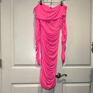 Pink Midi Ruched Off-Shoulder Dress